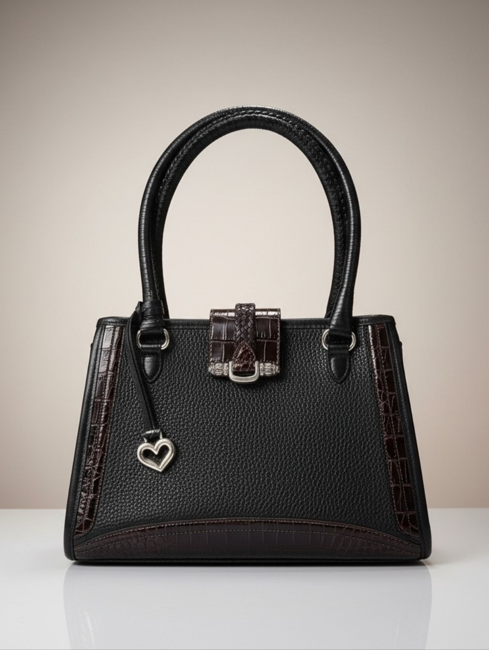 Brighton Vintage Black Leather‎ Top Handle Bag Croc Embossed Trim Silver Heart